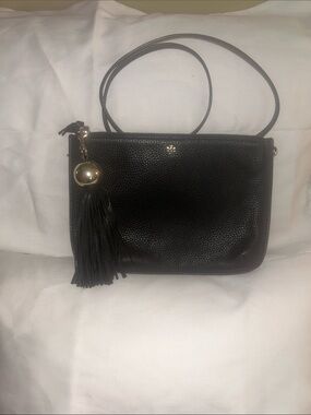 Tory Burch Black Pebbled Leather Crossbody with Tassel Charm and Gold Accent